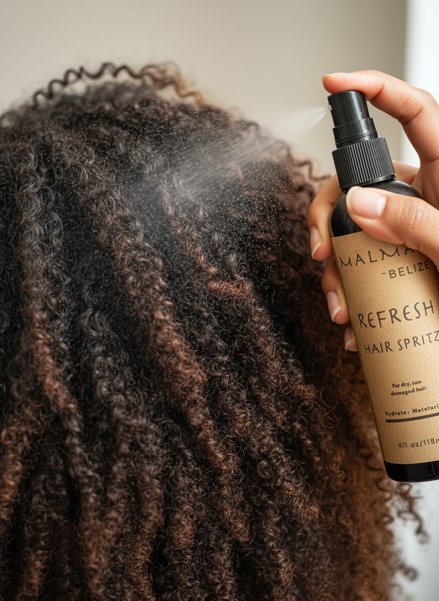 Close-up of spray mist on natural African hair